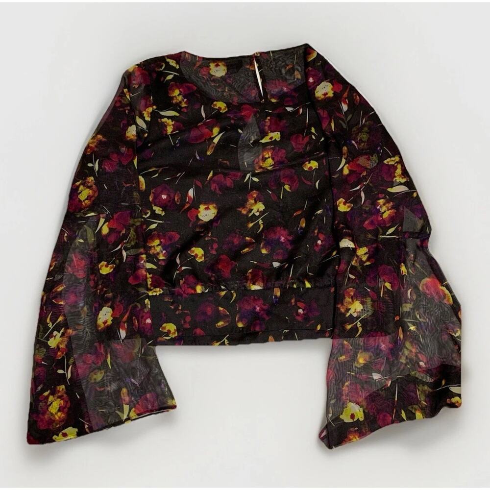 Bebe Blouse Sz 8 Womens Sheer Whimsigoth Black Floral Crop Top Bell Sleeve Fairy
